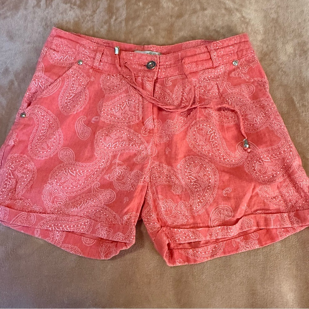 Atmosphere Coral Pink Paisley Linen Blend Shorts Womens Size 8 Drawstring Cuffed